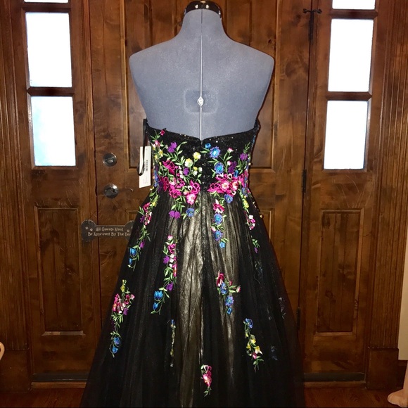 JVN Jovani Black Strapless Floral Chiffon Gown! - Picture 7 of 7